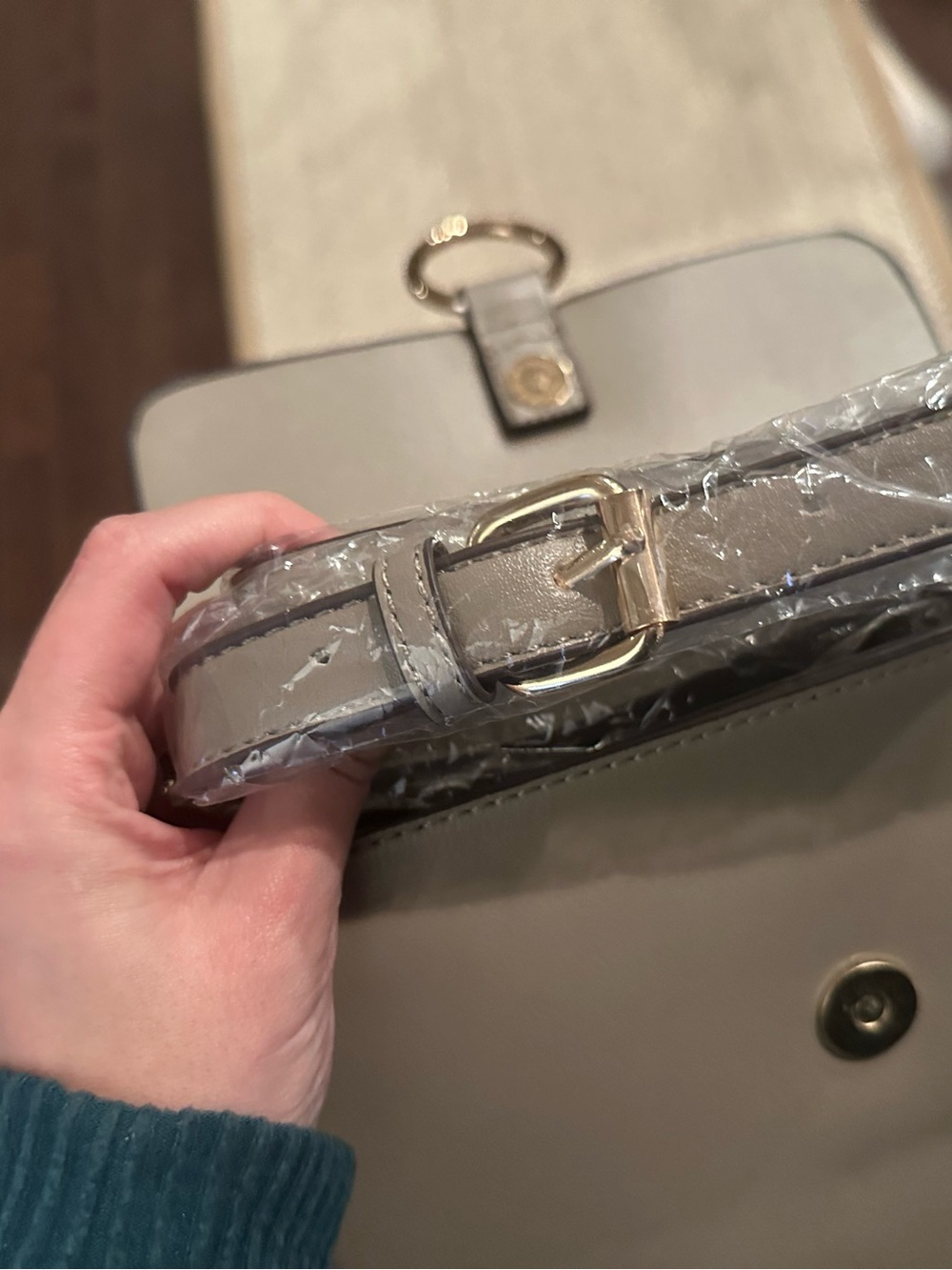 Grey Suede-Top Crossbody Bag with Gold Ring Accent - Picture 2 of 3